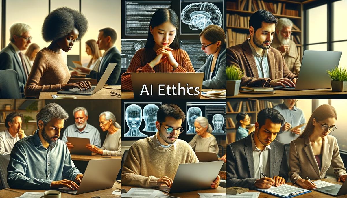Image showing a diverse group of people working together on laptops and papers, symbolizing collaboration on AI ethics recommendations
