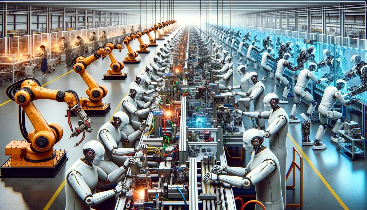 An image depicting the evolution of industrial robotics, starting with early robotic arms performing simple welding and assembly tasks, transitioning to more advanced robots capable of analyzing data and making independent decisions, and finally showcasing modern collaborative robots working alongside human operators.