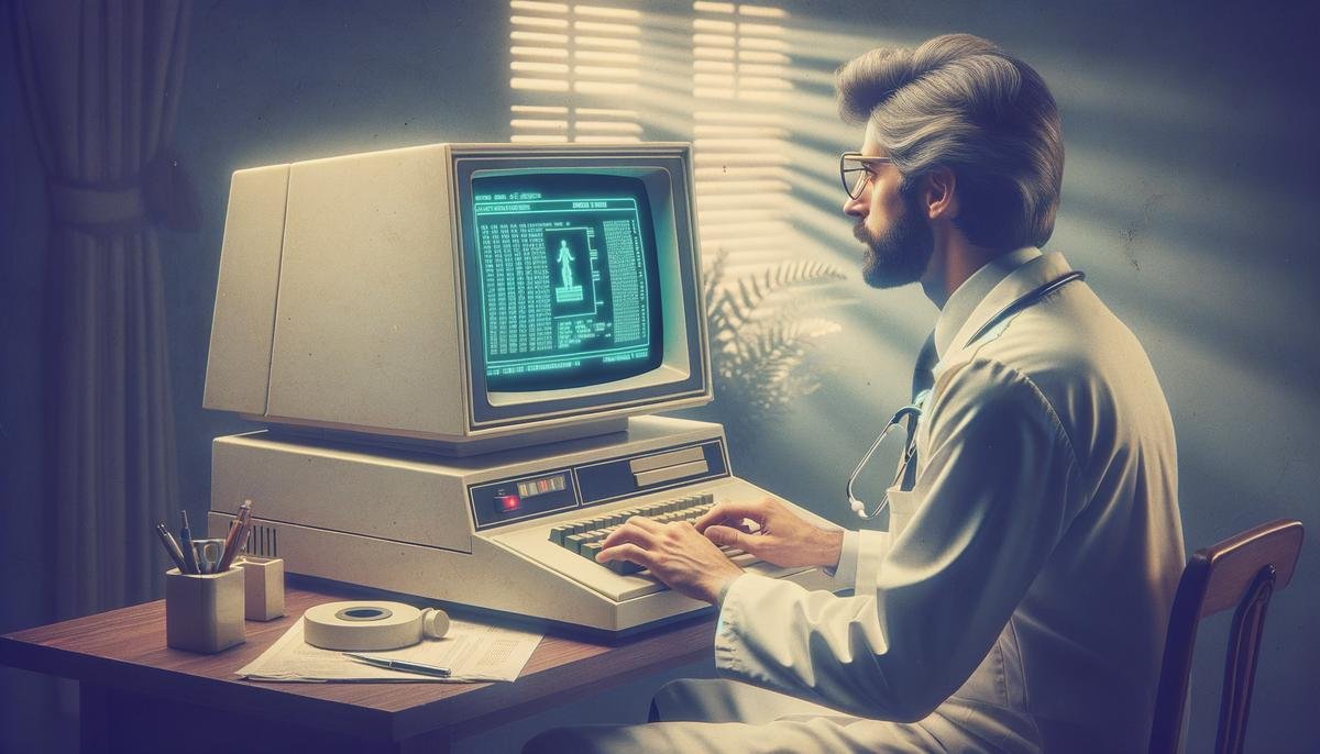 A 1980s-era computer displaying a medical expert system interface with a doctor nearby