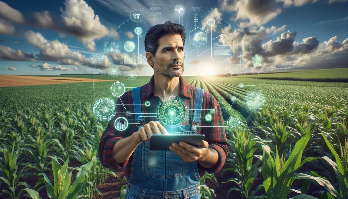 A farmer stands in a field, using a tablet with an AI-powered interface to access real-time data and insights about their crops, showcasing the user-friendly technology that helps farmers make data-driven decisions