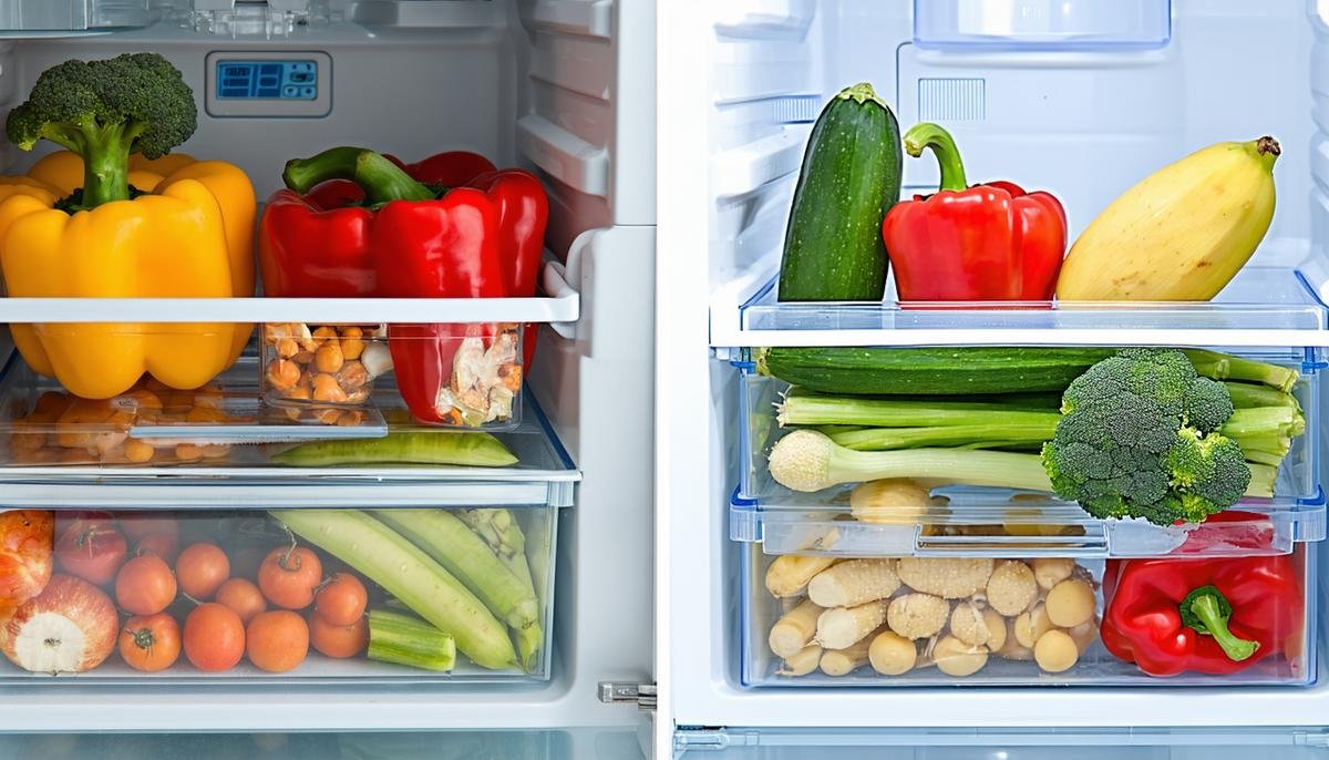 A before and after image of a refrigerator, showing reduced food waste