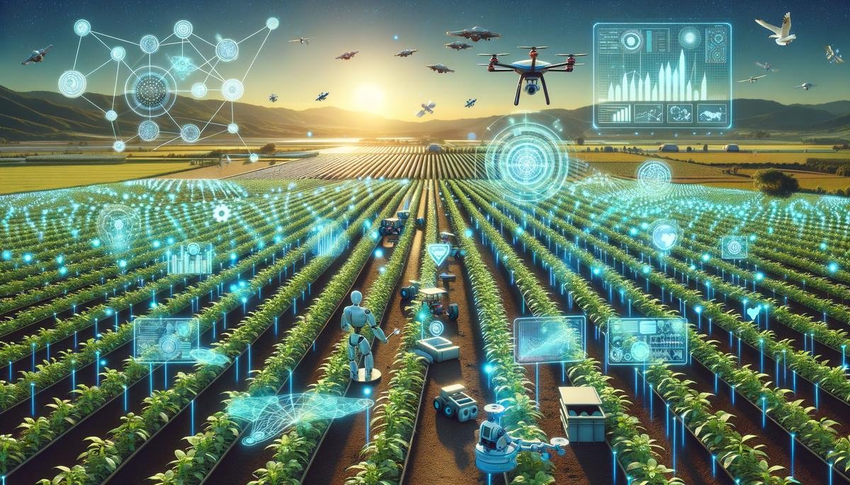 A futuristic visualization of interconnected AI and IoT systems in agriculture