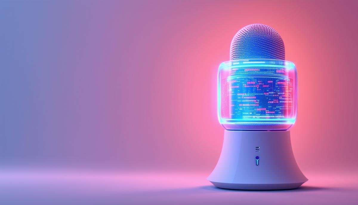 Futuristic depiction of an advanced AI voice assistant with enhanced capabilities in personalization, healthcare, and multilingual communication