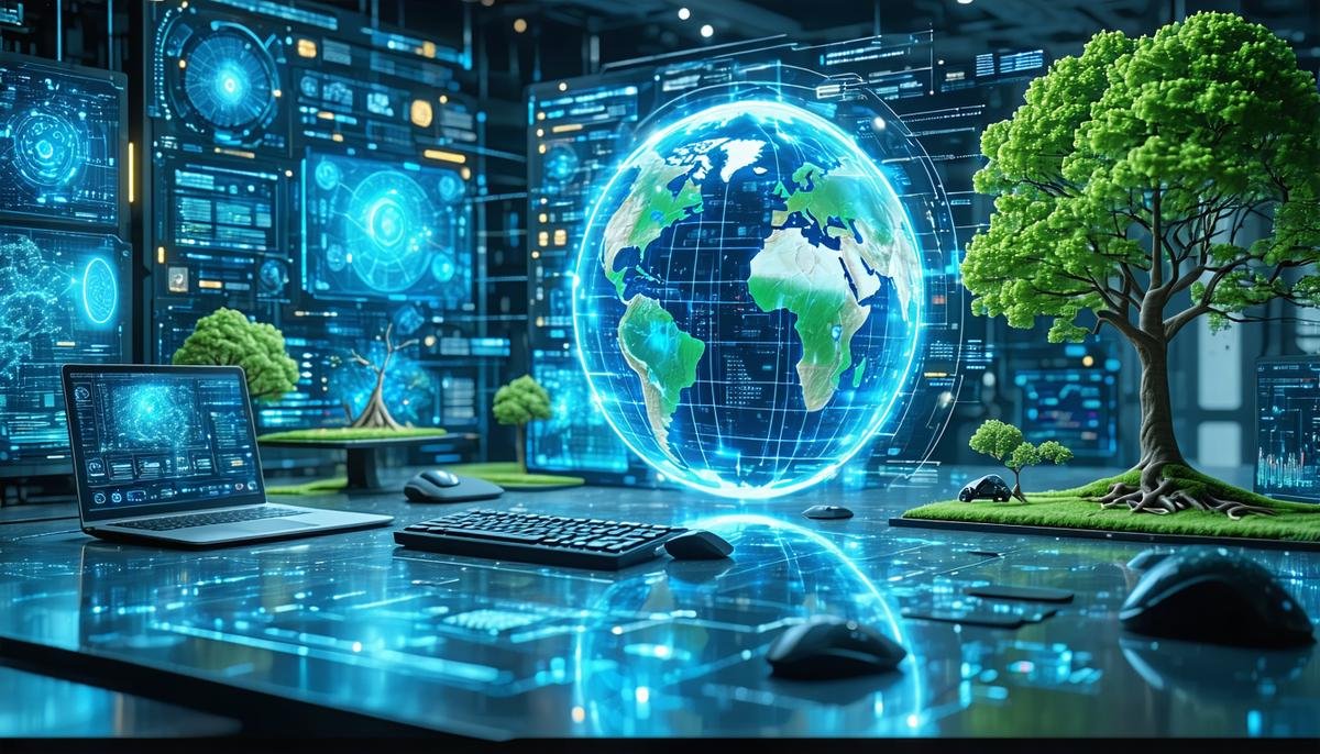 A futuristic scene depicting advanced AI systems working on comprehensive climate solutions, with holographic displays and eco-friendly computing infrastructure