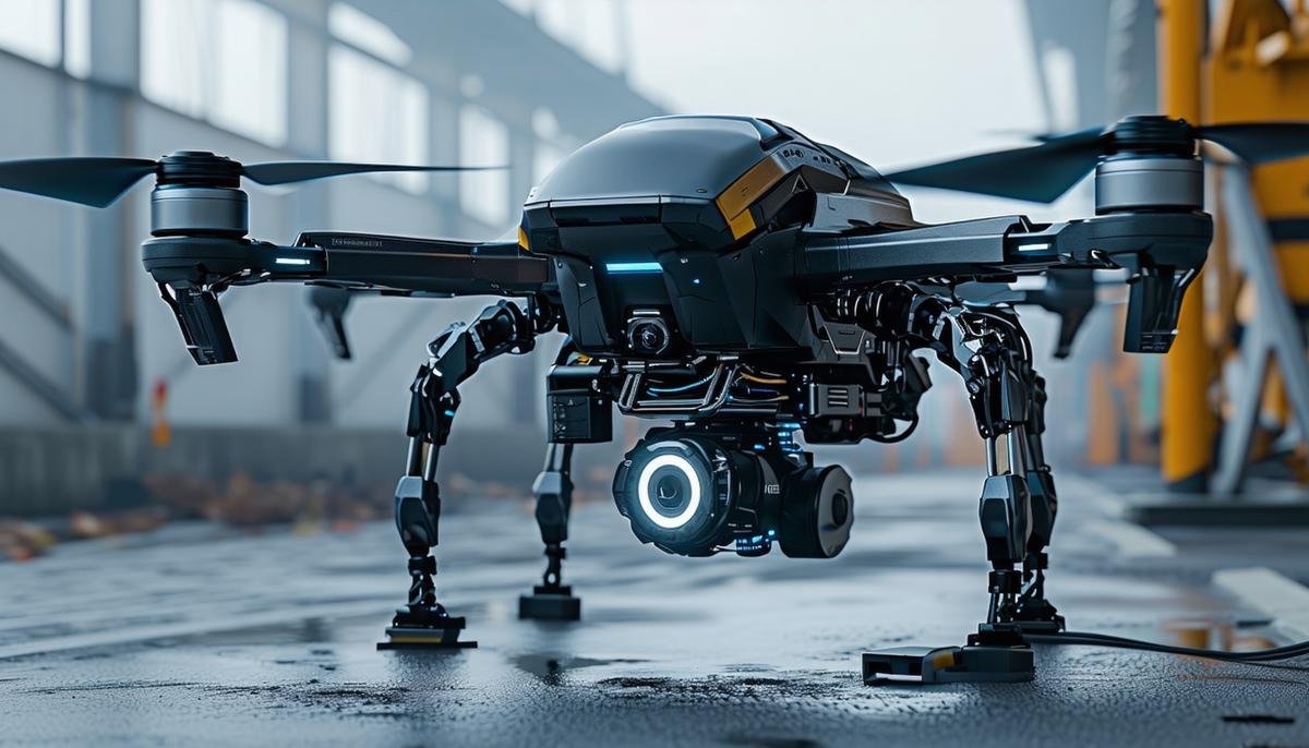 Futuristic AI-driven drones and robots assisting in a hazardous environment