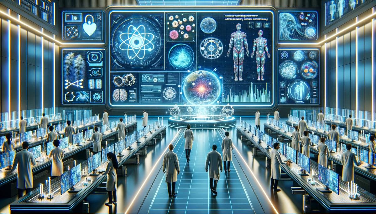 A futuristic depiction of AI-driven personalized medicine and advanced drug discovery