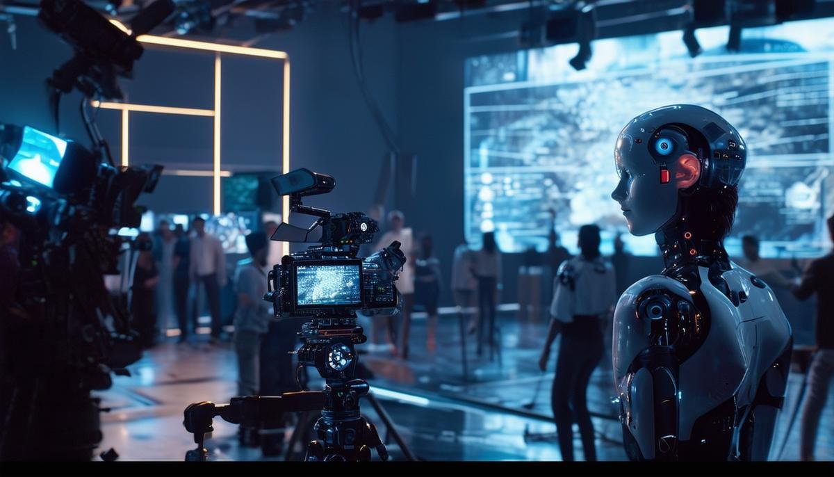 An image portraying a futuristic film set where AI and human filmmakers collaborate seamlessly, with advanced virtual production technology, AI-generated characters, and adaptive storylines, depicting the transformative potential of AI in shaping the future of cinema.