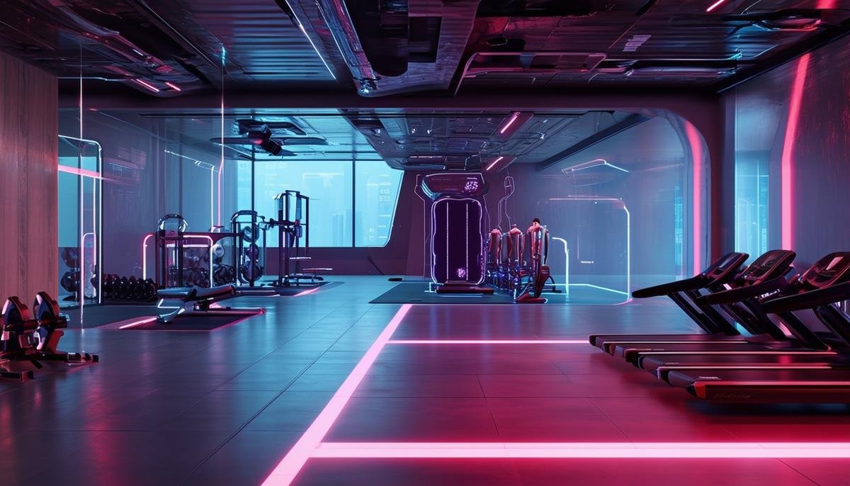 Futuristic gym with advanced AI-powered equipment and holographic trainers