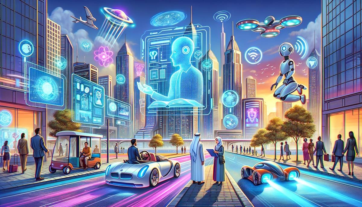 A futuristic cityscape showcasing various AI technologies integrated into daily life