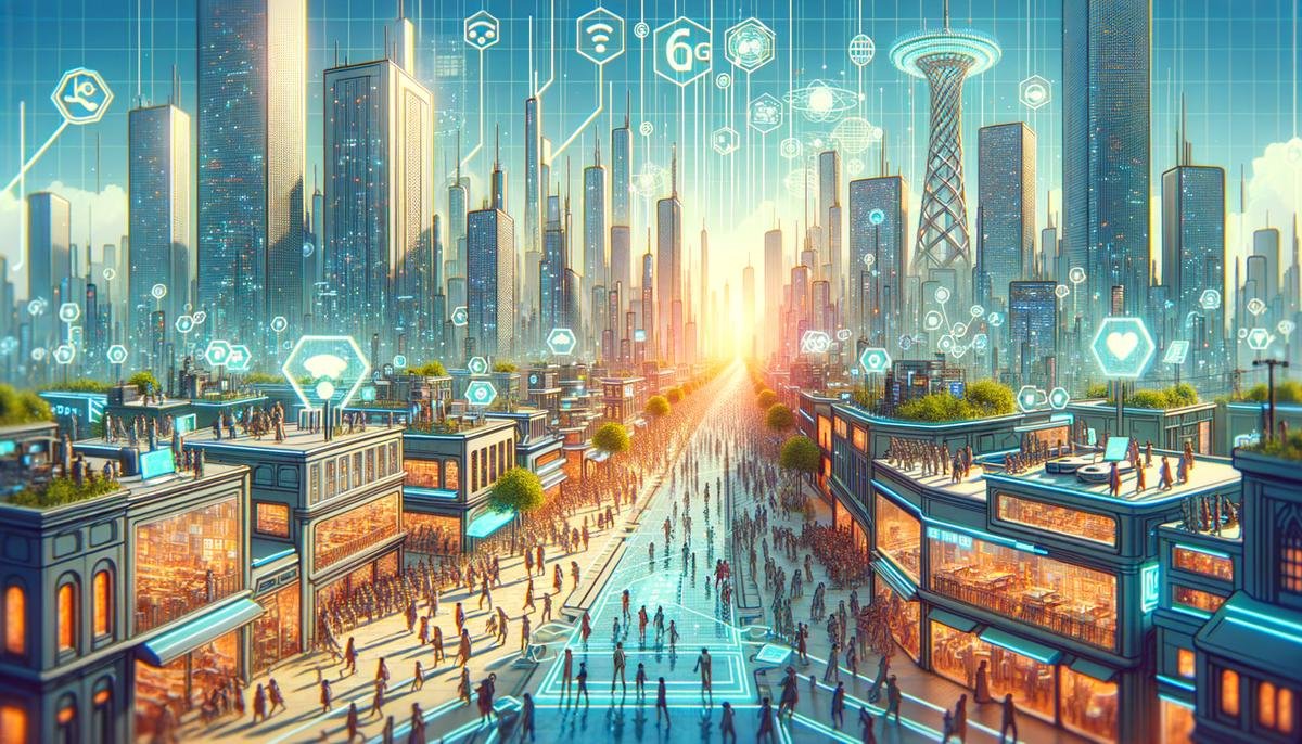 A futuristic cityscape showcasing 6G networks, IoT devices, and metaverse interactions powered by AI