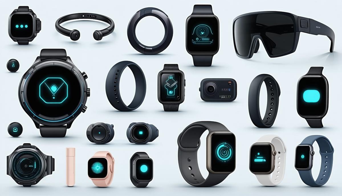 A diverse array of futuristic AI-powered wearable devices, including smart rings, patches, and augmented reality glasses