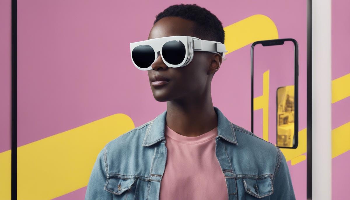 A person wearing sleek and stylish AR glasses while interacting with Snapchat's augmented reality features