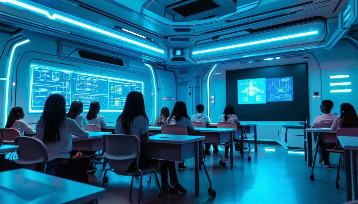 A futuristic classroom where students are learning about deepfake detection and digital literacy, representing future directions and solutions