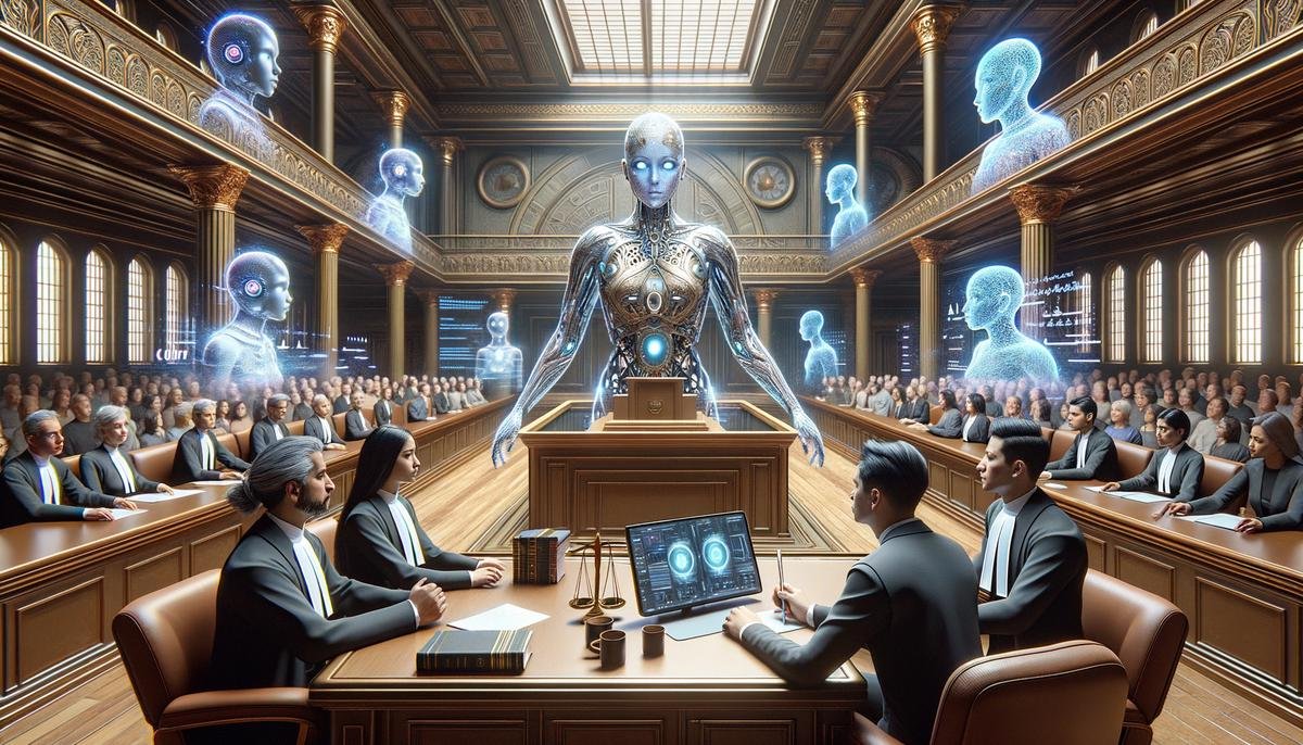 A futuristic courtroom discussing AI and photography ethics