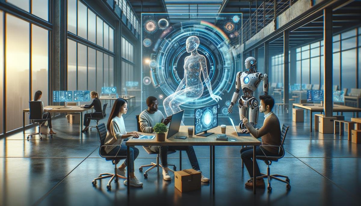 A futuristic workspace where humans and AI systems work seamlessly together on complex projects