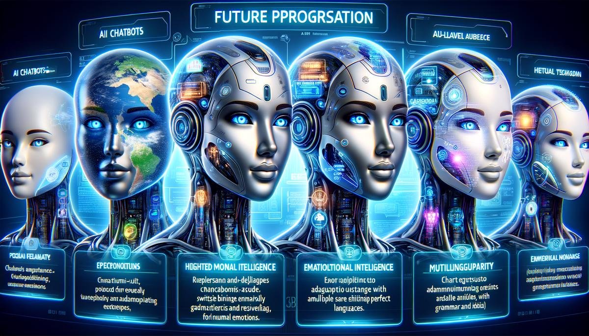 An image illustrating the potential future advancements in AI chatbots, from emotional intelligence to multilingual adaptability
