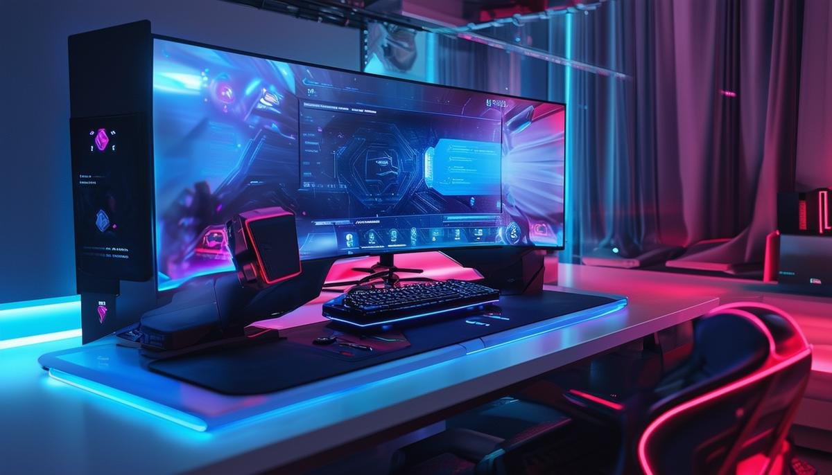 A futuristic gaming setup with advanced AI-driven features and immersive technology