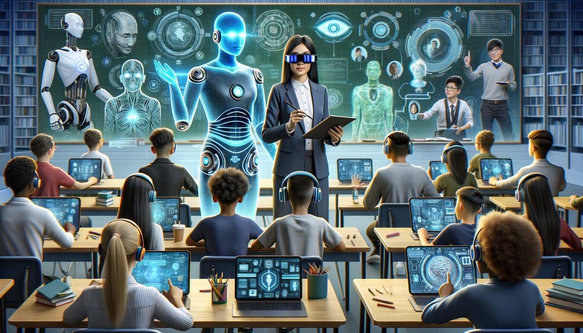 A futuristic classroom showcasing advanced AI technologies in education