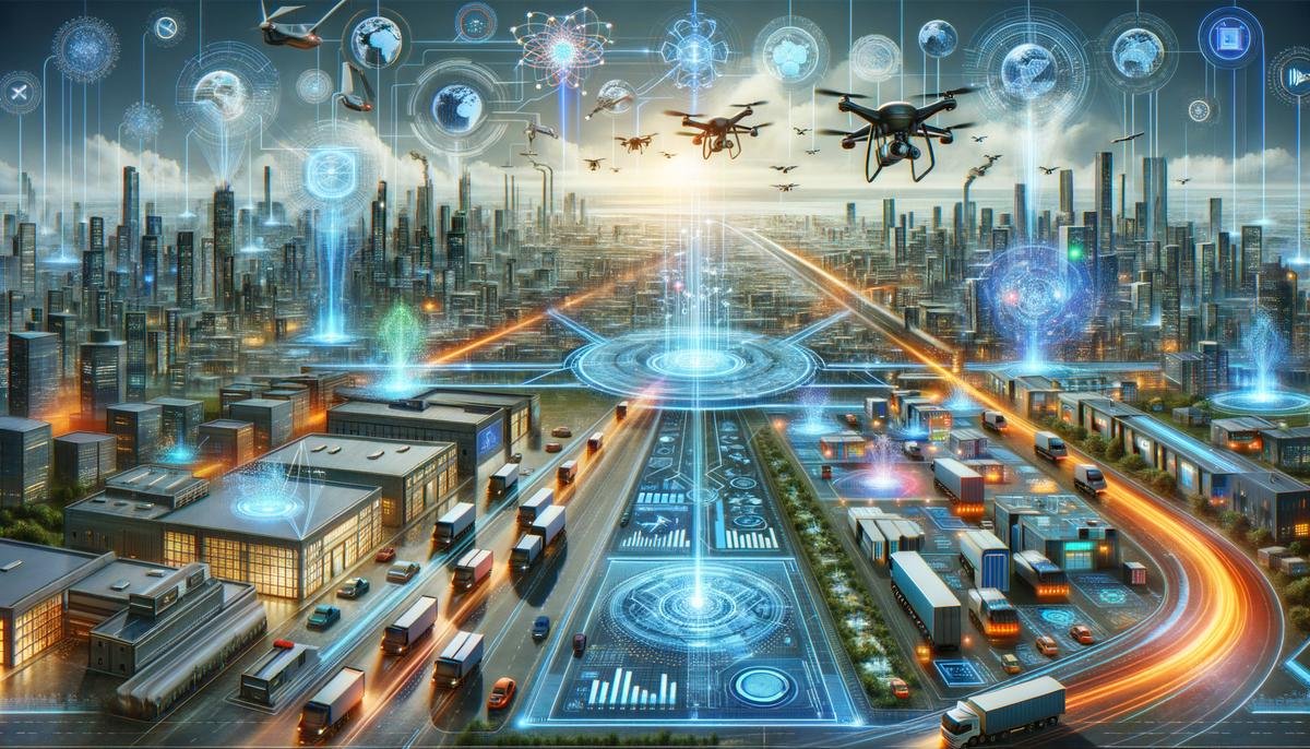 Futuristic cityscape with advanced AI-driven supply chain infrastructure integrated seamlessly