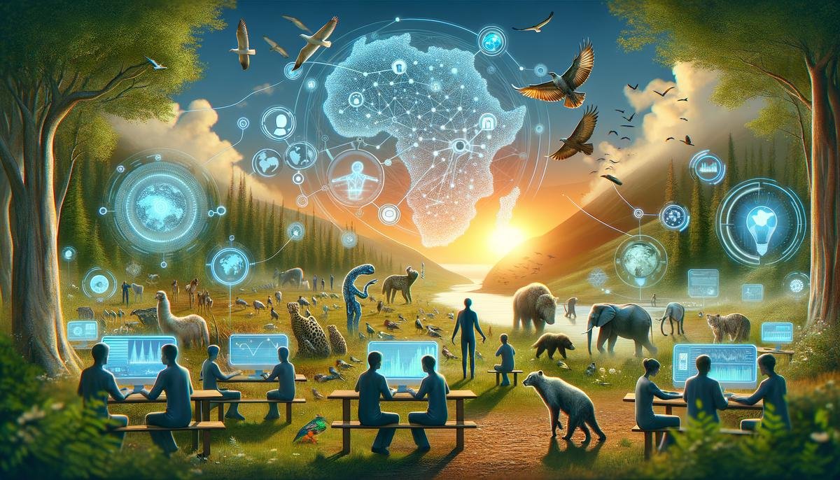 A conceptual image representing the future of AI in wildlife conservation, with advanced technologies and collaborative efforts working together to protect and preserve biodiversity.