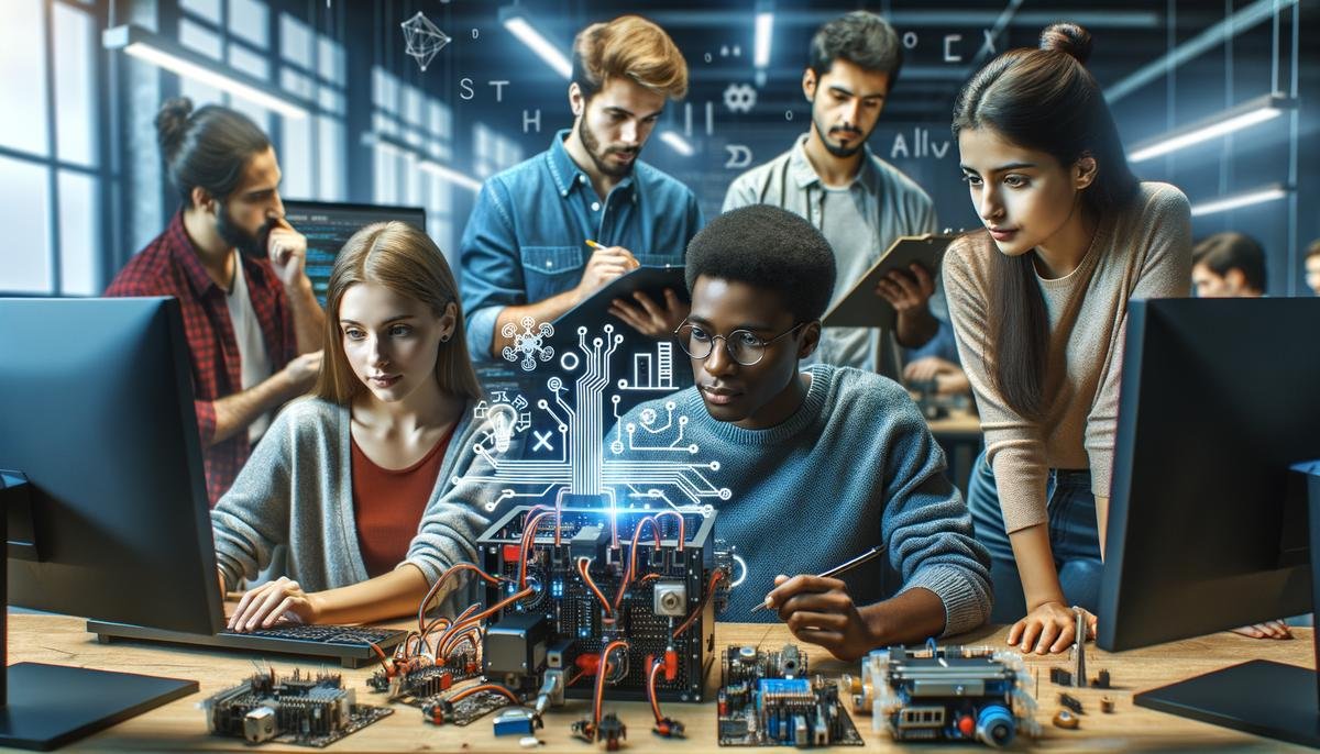 An image portraying the role of education in shaping future AI talent. It shows students engaged in hands-on learning experiences, collaborating on AI projects, and acquiring practical skills through industry partnerships. The image conveys the importance of interdisciplinary approaches and alignment with industry needs in preparing graduates for success in the AI field.