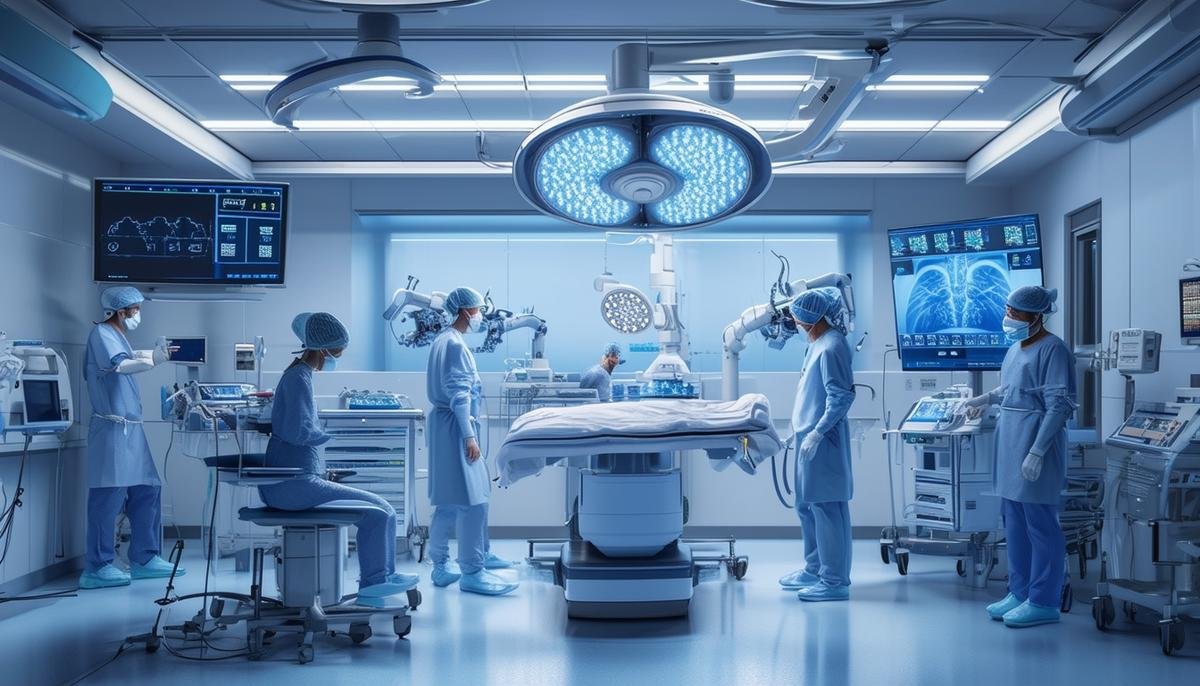 A futuristic operating room showcasing advanced AI-integrated robotic surgery systems and collaborative remote surgery capabilities