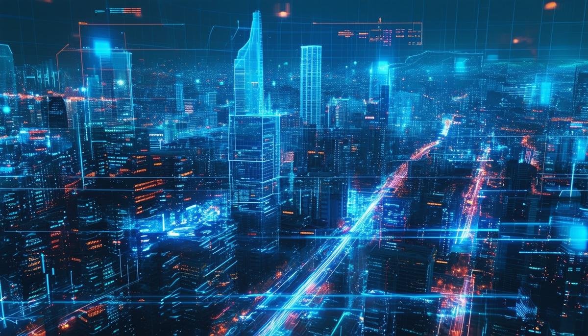 A futuristic cityscape showcasing various applications of advanced predictive analytics and AI