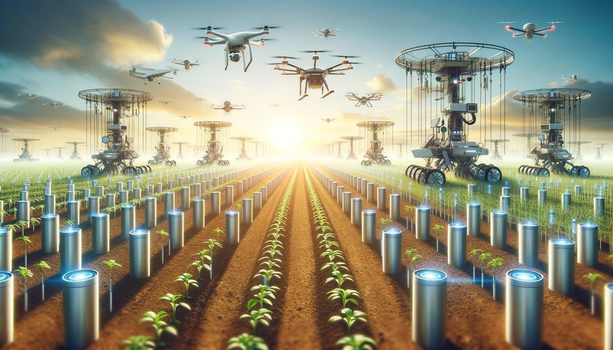 Futuristic agriculture technology being used in a field, representing innovations in precision farming.