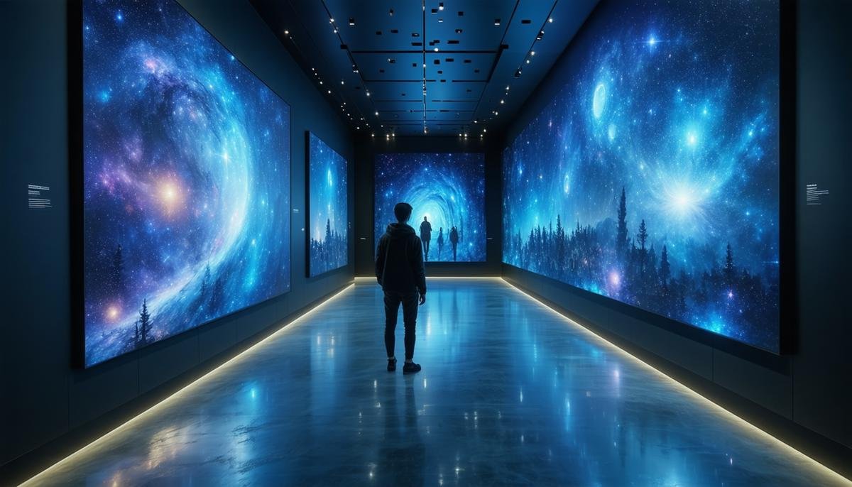 Futuristic art gallery showcasing AI-human collaborative artworks