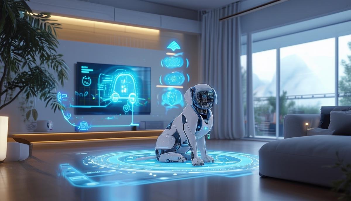 A futuristic scene depicting AI-powered pet care technologies in a smart home