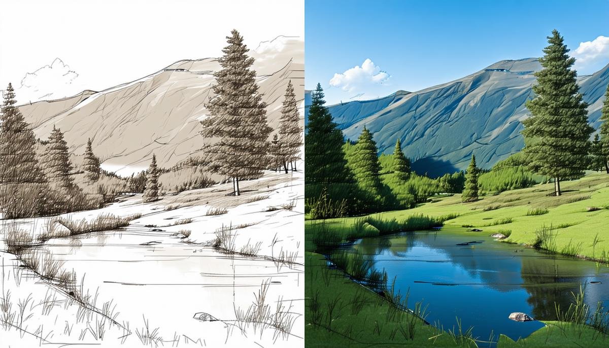 A side-by-side comparison of a simple sketch and its photorealistic landscape transformation using NVIDIA's GauGAN technology