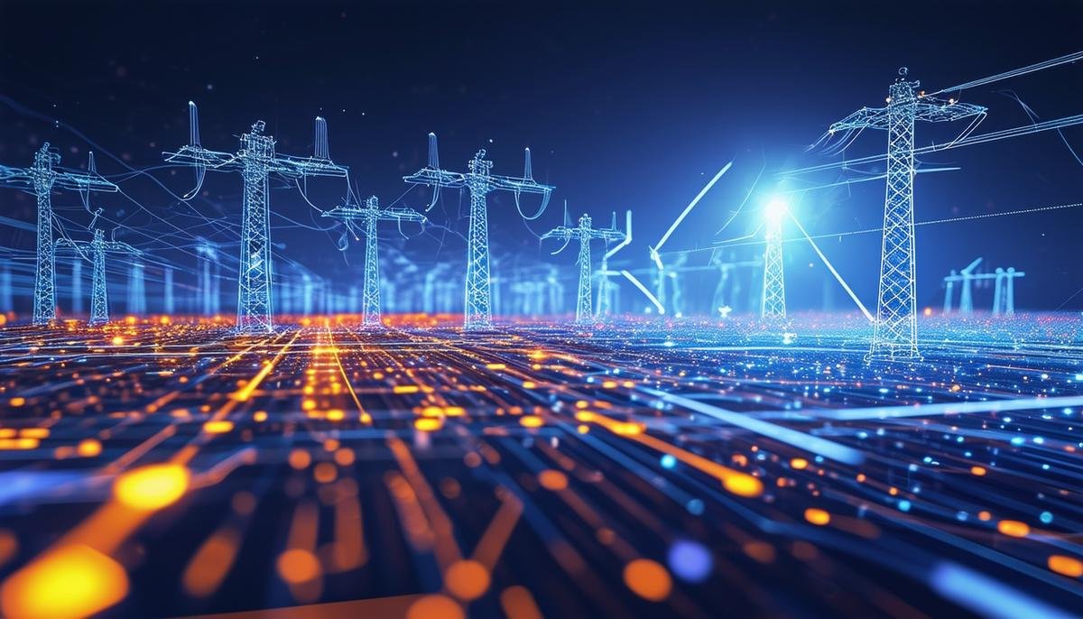 An image envisioning future advances in AI for energy management, including generative AI simulating grid scenarios, autonomous microgrids, and hyper-intelligent predictive analytics