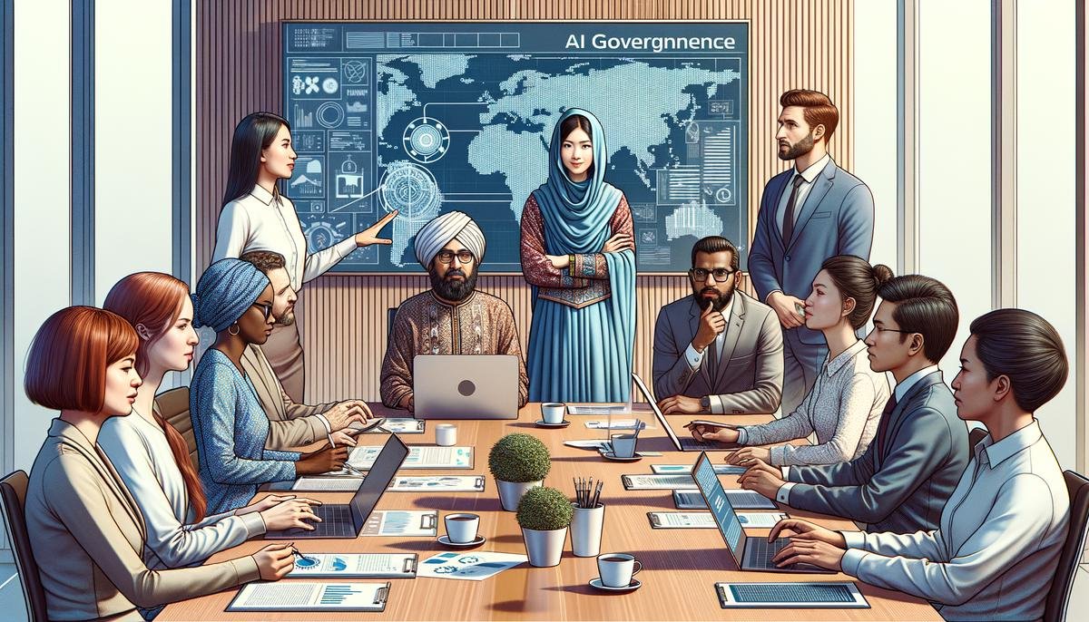 Image of a diverse group of people discussing AI governance in a conference room
