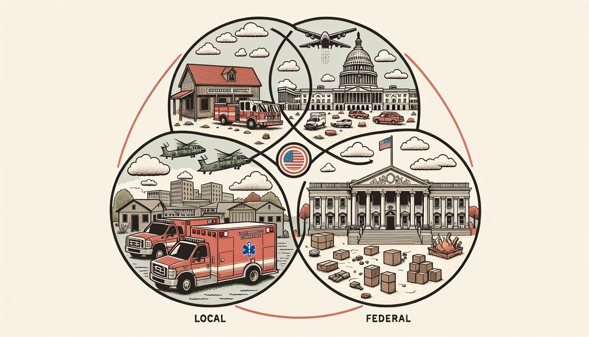 A visual representation of local, state, and federal government disaster response coordination