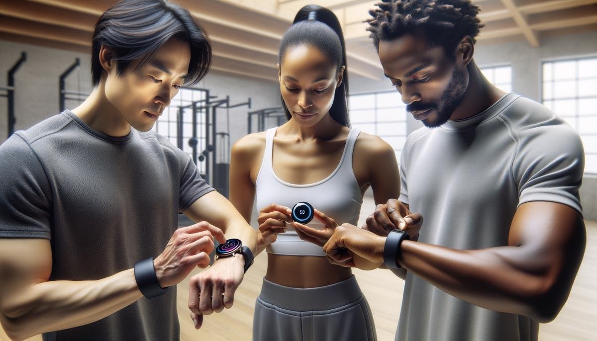 Three people of different ethnicities wearing and interacting with AI-powered health monitoring devices: an Apple Watch, a Fitbit Sense, and an Oura Ring