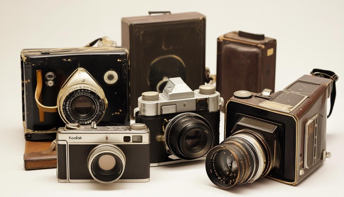 A collection of historical cameras including a daguerreotype, Kodak roll film camera, and early digital camera