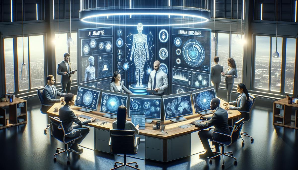 Human experts working alongside AI systems in a public safety command center