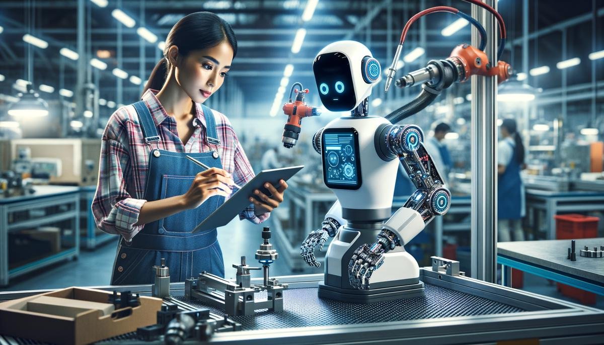A human worker and an AI-powered collaborative robot (cobot) working together on a complex manufacturing task, showcasing the synergy between human skills and robotic precision.