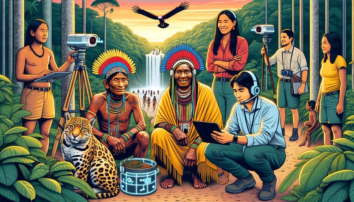 An illustration depicting the integration of indigenous knowledge and AI technologies in monitoring the ecological health of the Amazon rainforest.