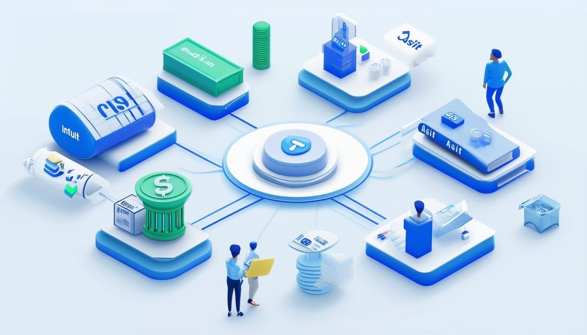 A 3D representation of Intuit Assist connecting various financial products and services