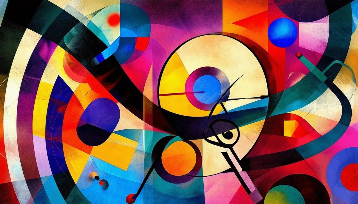 A representation of Wassily Kandinsky's synesthetic art style, with colors and shapes evoking musical and emotional sensations.