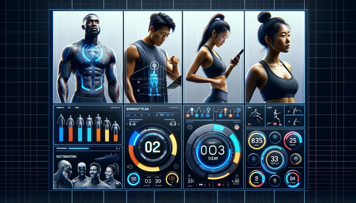 A collage showcasing the key features of WHOOP Coach, including personalized training plans, real-time feedback, and recovery insights, with a person interacting with the device during various stages of their fitness routine.