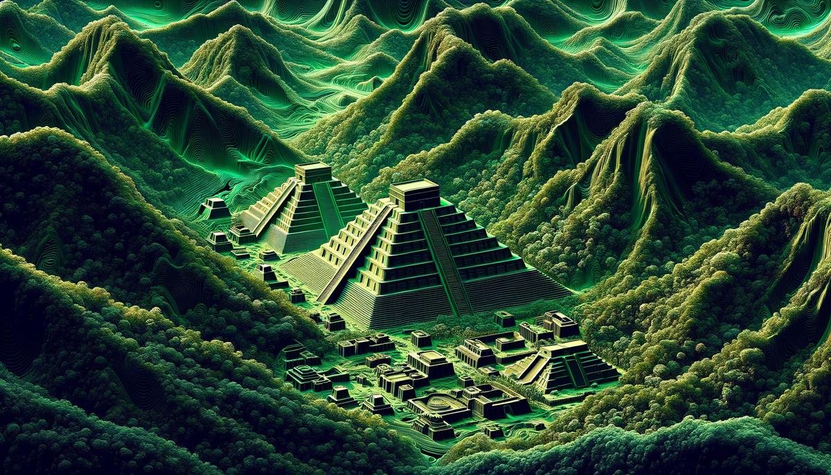 A 3D visualization of LiDAR data revealing hidden Maya structures beneath a dense jungle canopy