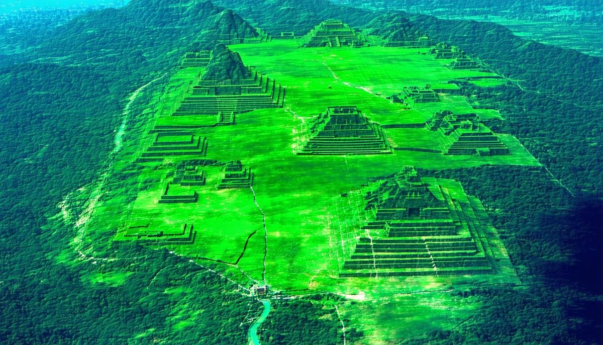 A LiDAR-generated image revealing a vast network of hidden Maya cities, fortifications, and raised highways in the Guatemalan jungle