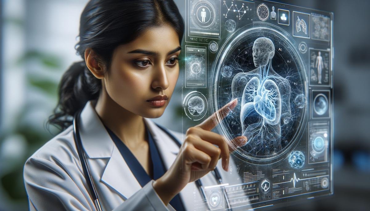 An image showing a medical professional analyzing a complex medical image using artificial intelligence technology.