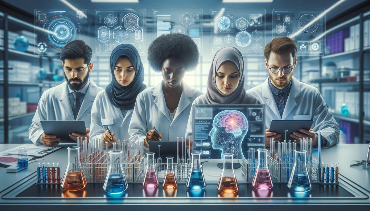 Image of a group of researchers working on Artificial Intelligence technology in a medical research lab
