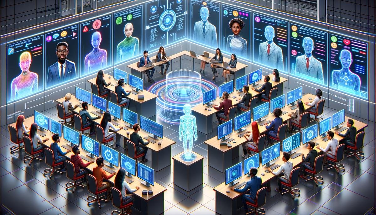 A diverse group of students engaging with AI tools and platforms in a futuristic virtual classroom