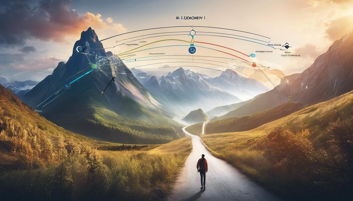 An image showing the concept of Midjourney AI, with interconnected touchpoints and an arrow illustrating customer journey.