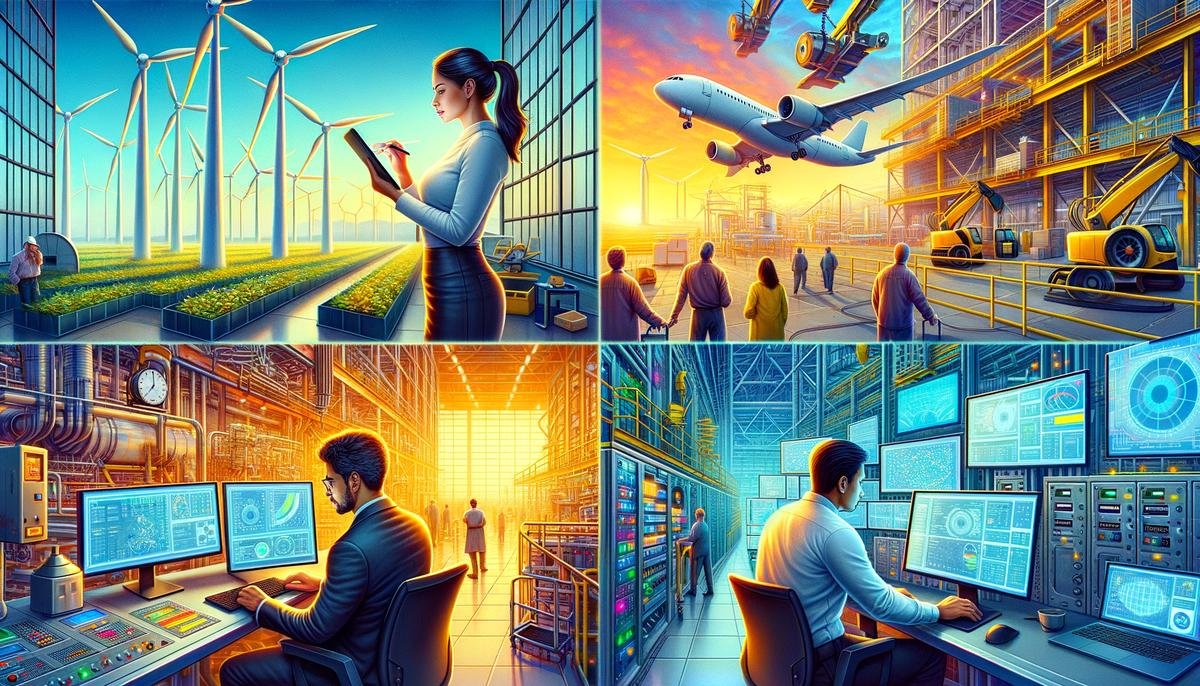 Collage showing predictive maintenance applications in energy, aviation, manufacturing, and utilities