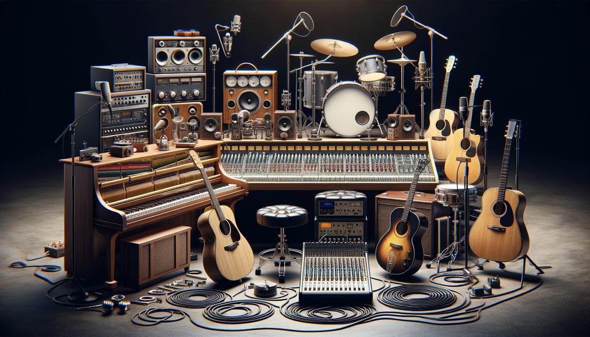 An image of a music production setup with various instruments and gadgets used in the music industry